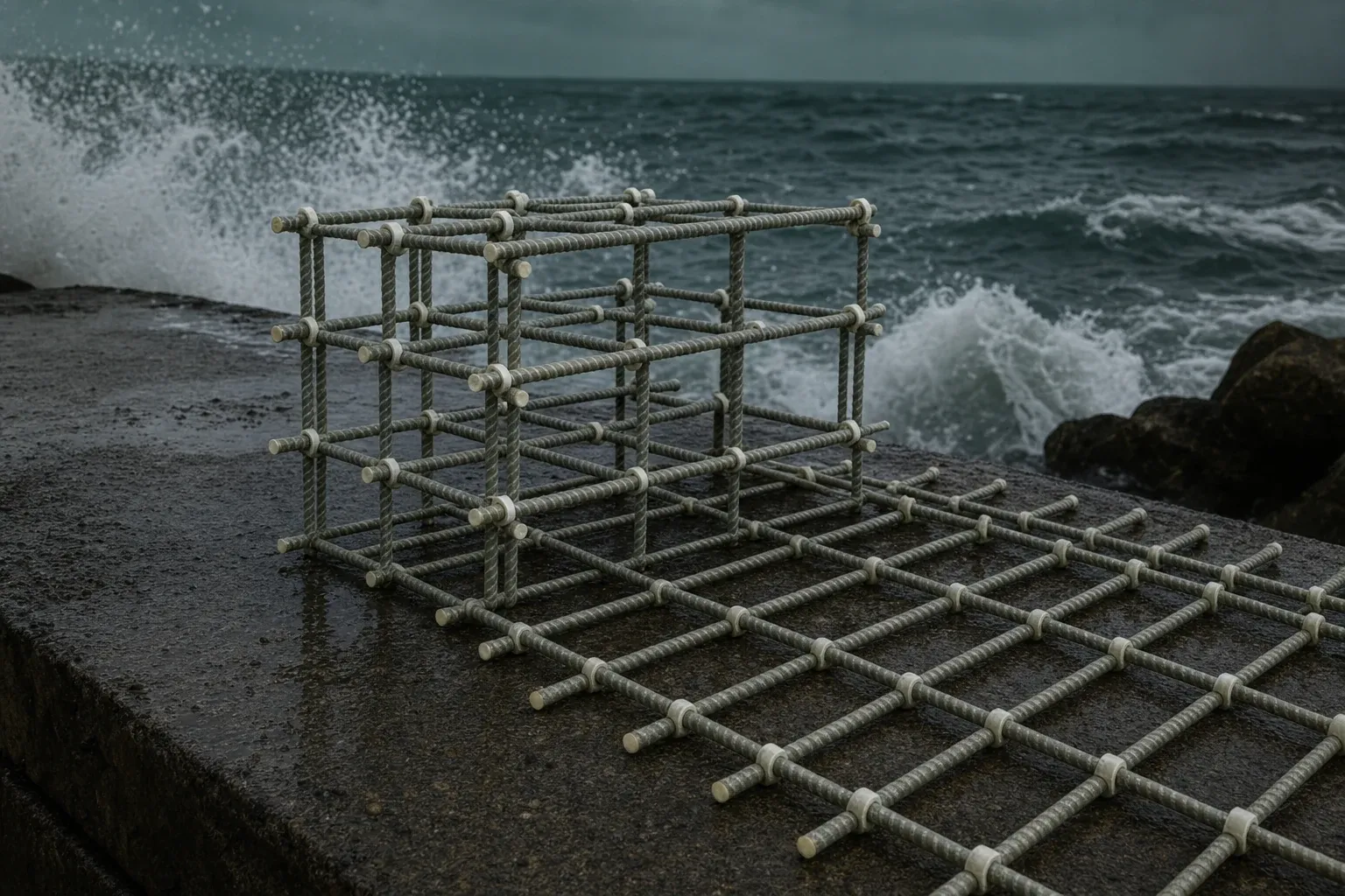 Cage d’armature GFRP sur un brise-lames côtier, vagues en arrière-plan