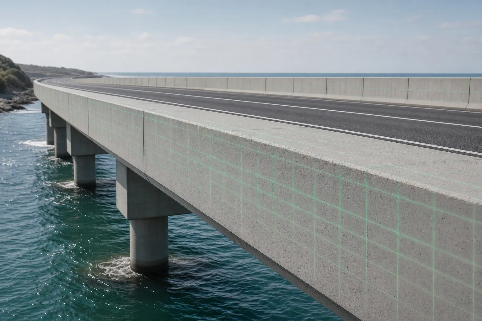 Coastal concrete viaduct with embedded structural grid