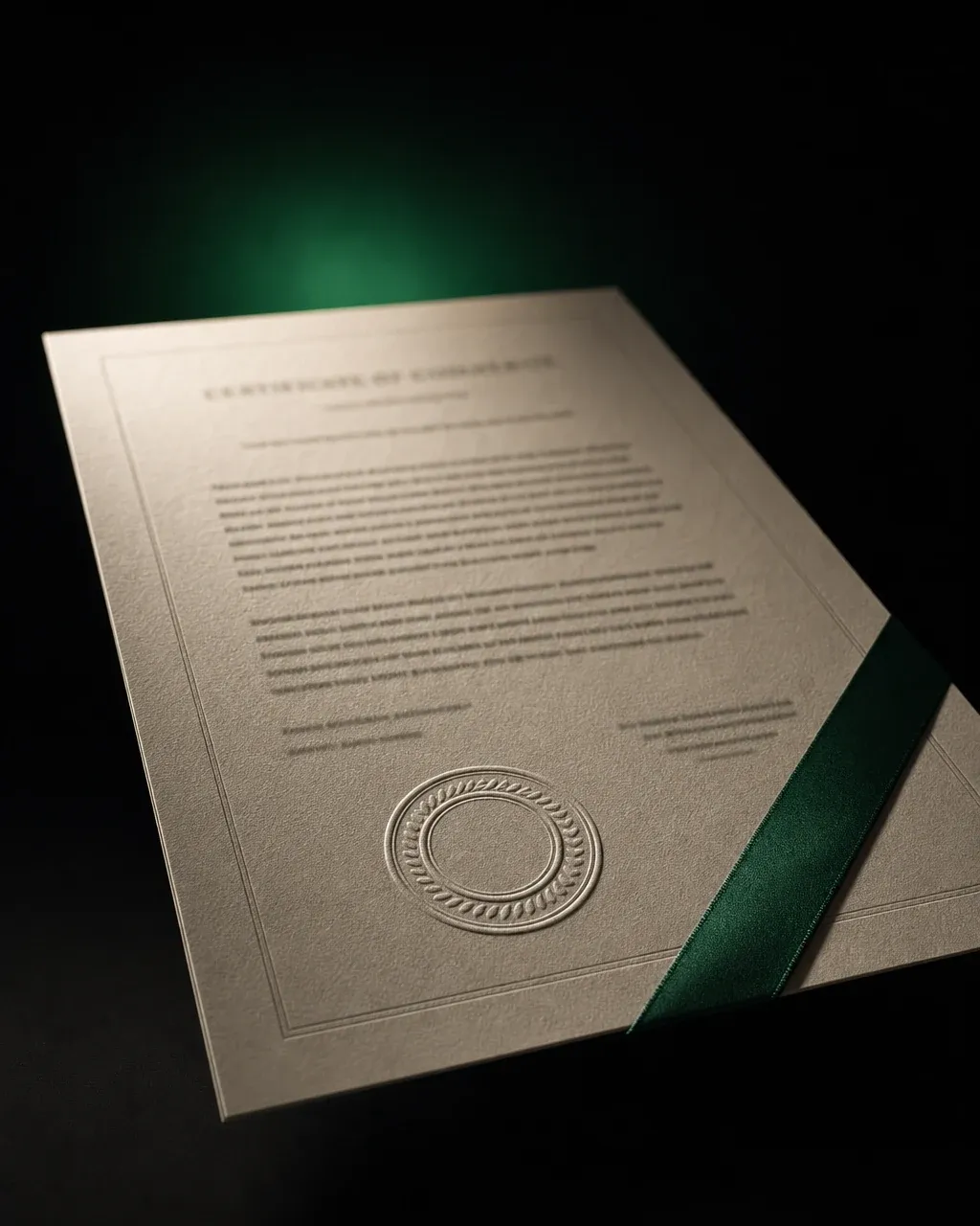 Certificado oficial de conformidad con sello en relieve y cinta en color corporativo, iluminado en un estudio oscuro