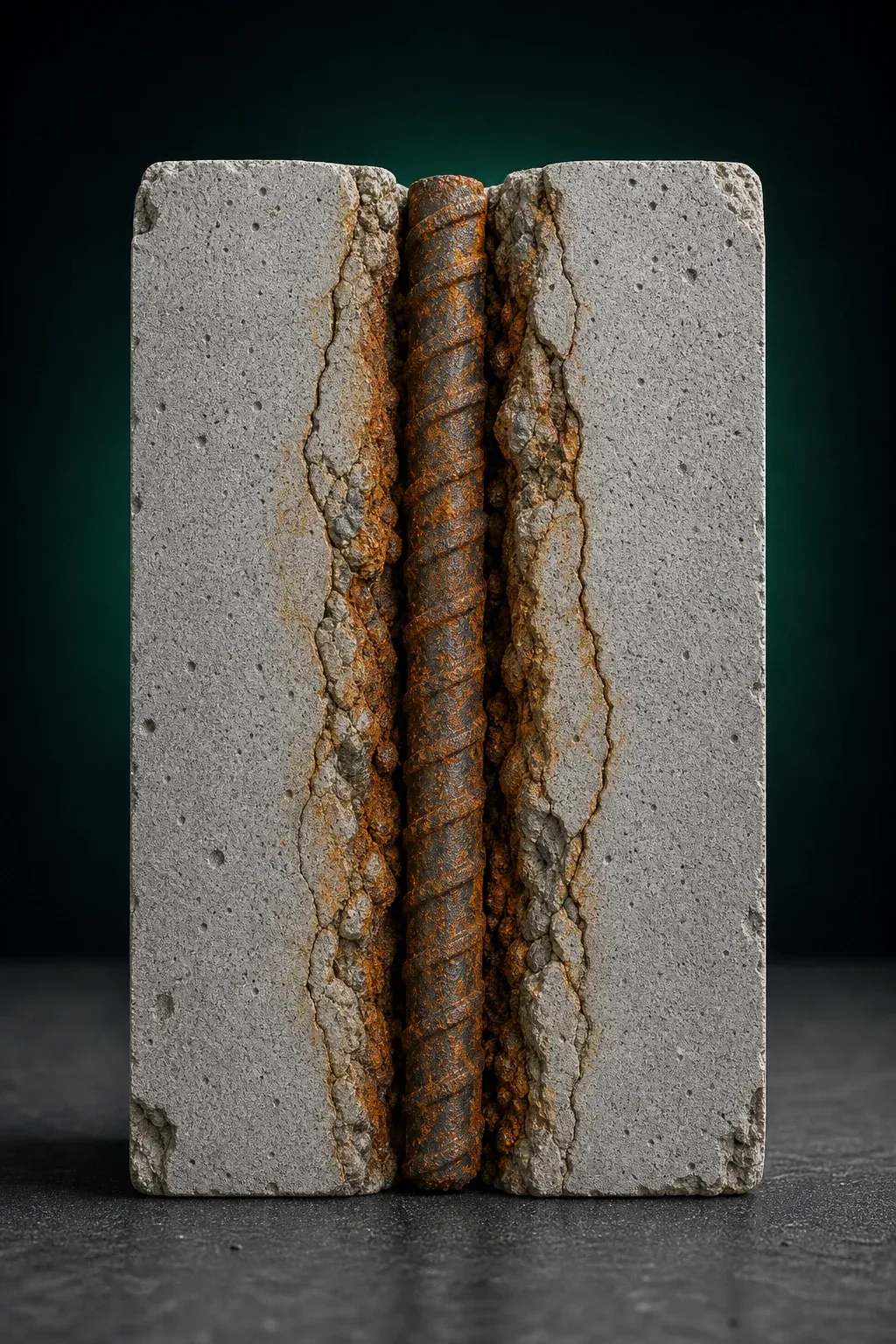 Concrete with steel rebar after chloride exposure — rust staining and cracking