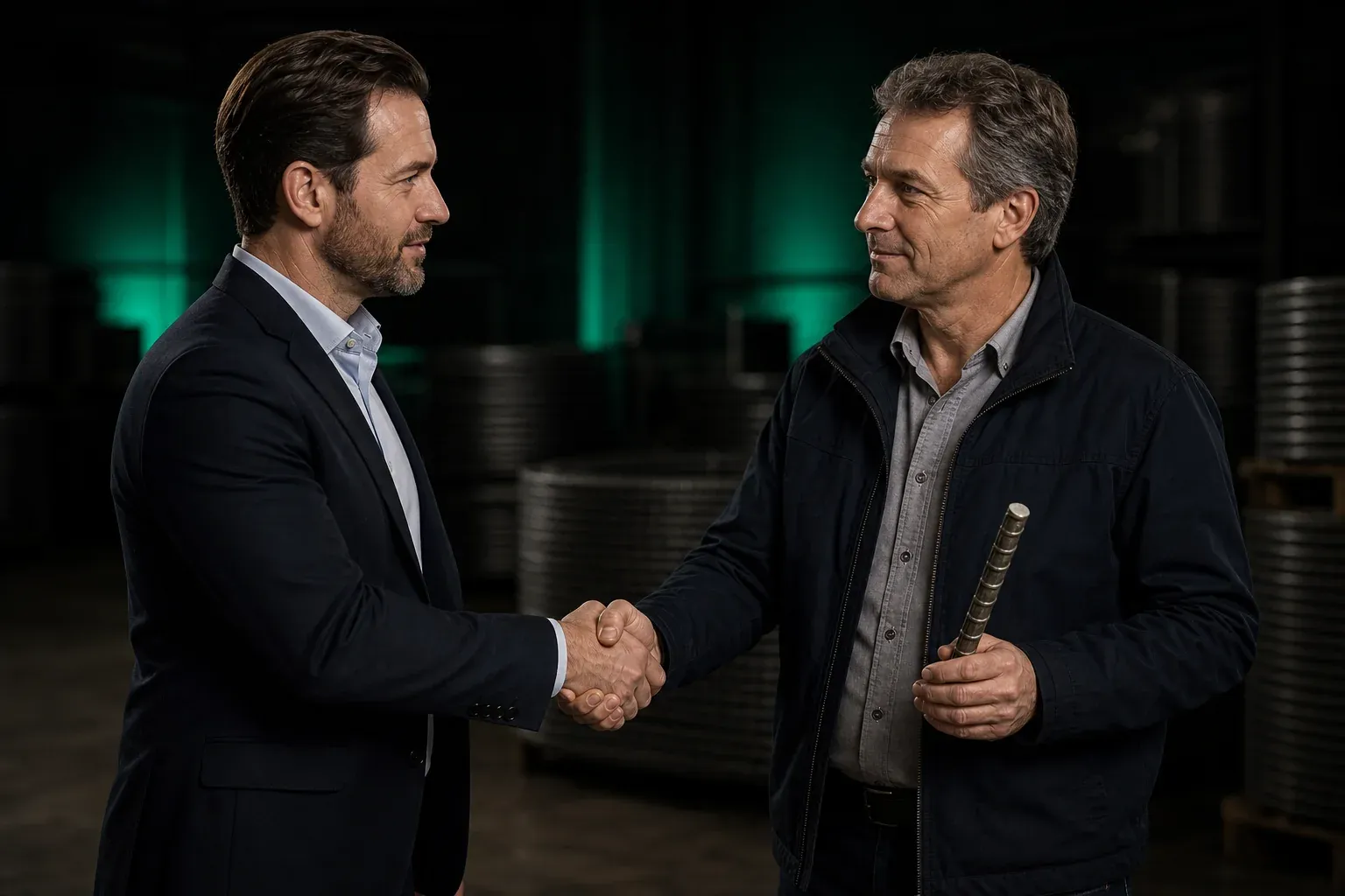 Composite Group representative shaking hands with a dealer holding a GFRP rebar sample