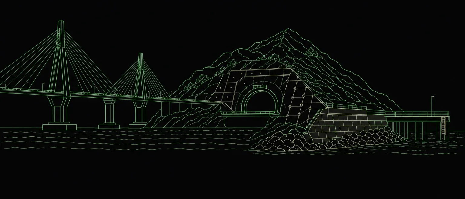 Illustration linéaire d’un pont maritime, d’un tunnel de montagne et d’une infrastructure côtière