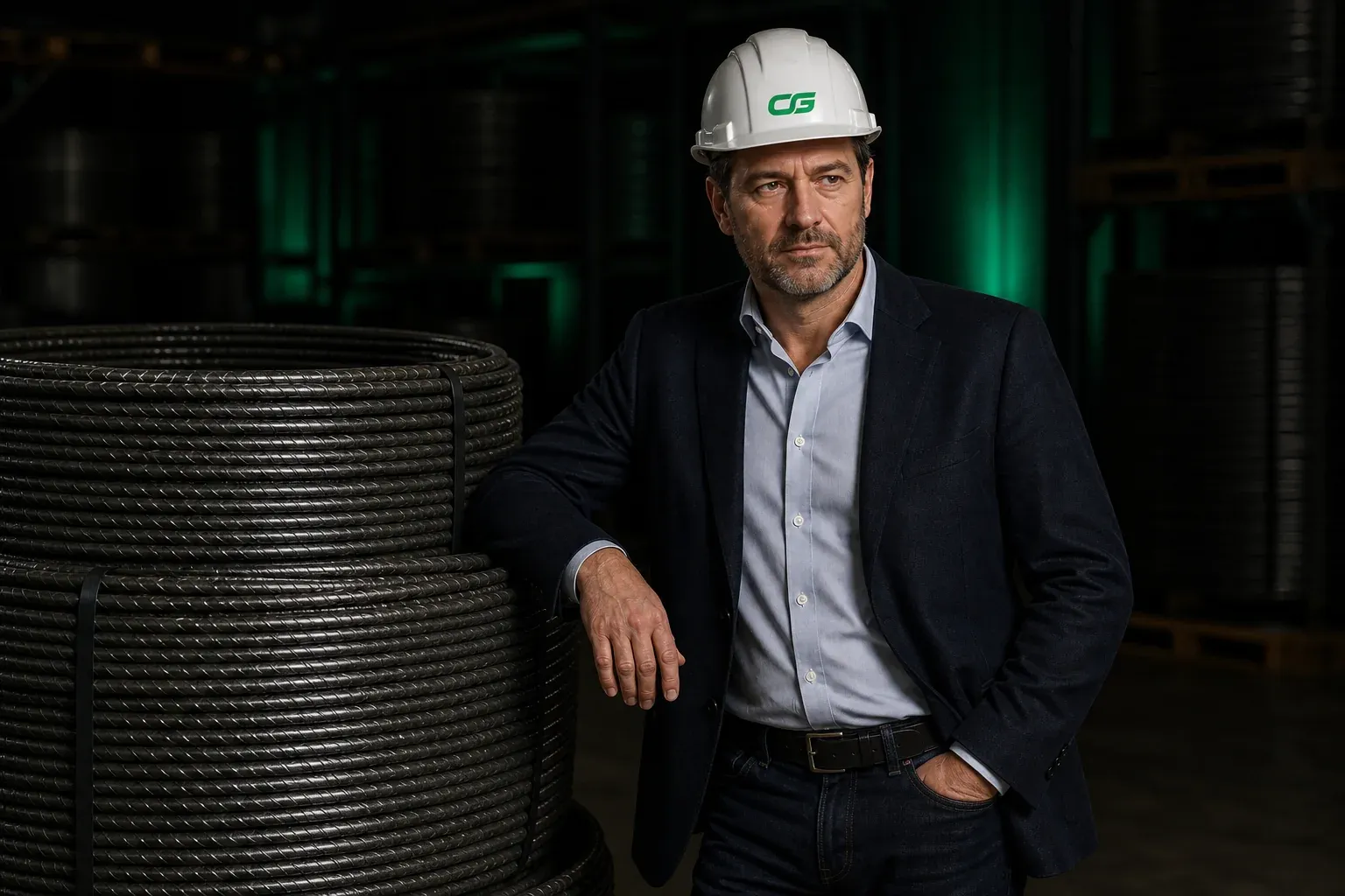 Project developer wearing a CG hard hat leaning against a coiled GFRP reinforcement stack in a warehouse
