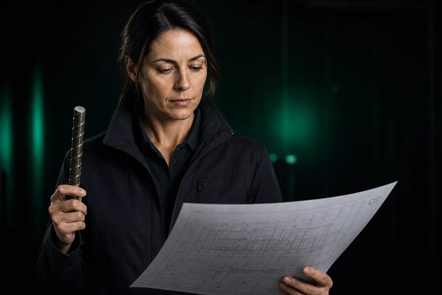 Structural engineer reviewing bridge drawings and GFRP rebar samples
